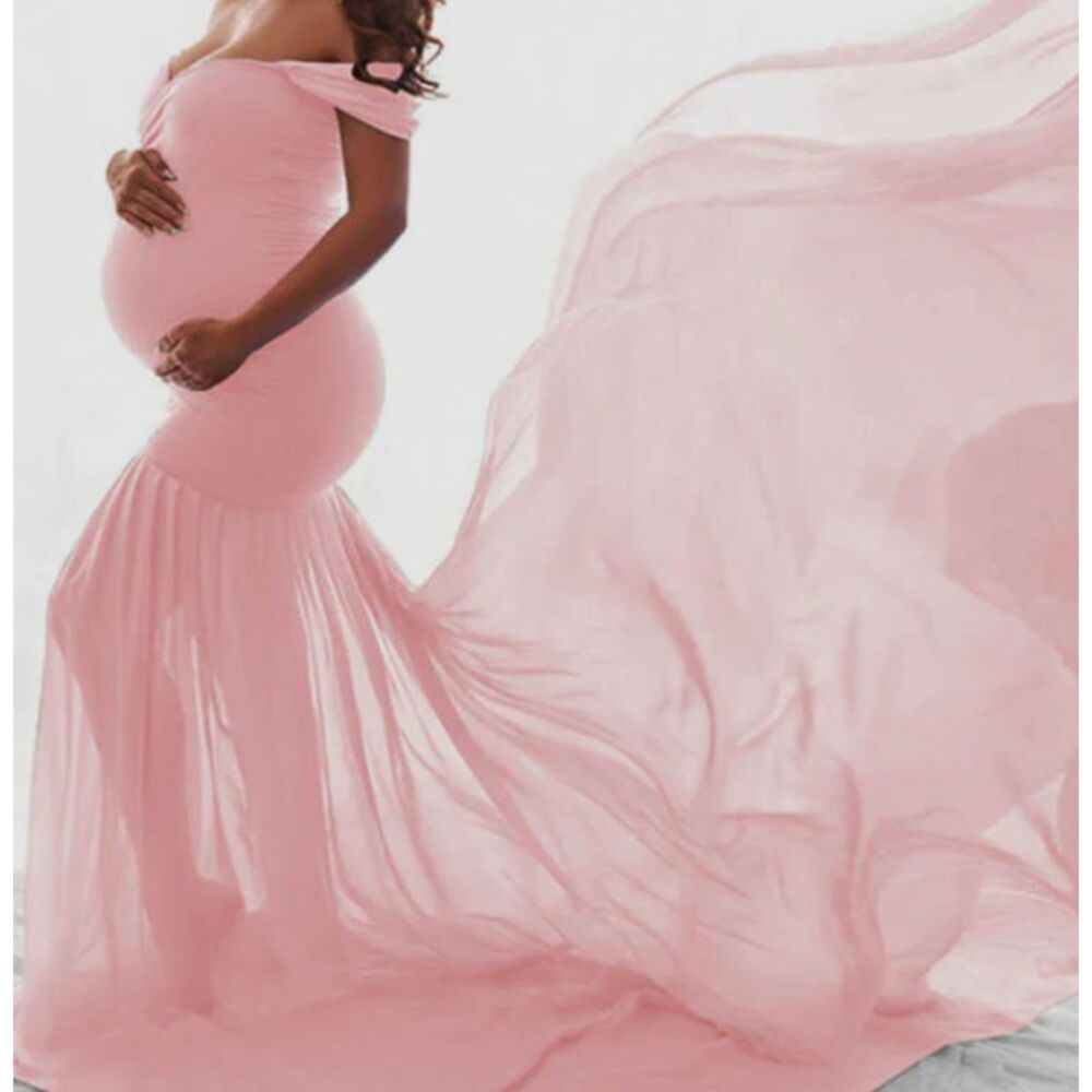 Pink Maternity Photo Shoot Dress Size M Off Shoulder Split Front Chiffon IWEMEK